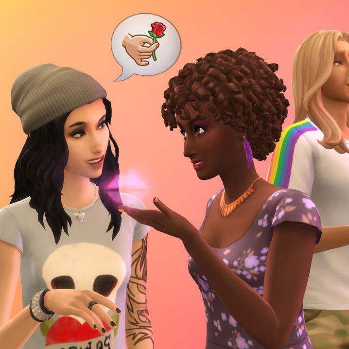 Two female Sims flirting from The Sims 4.