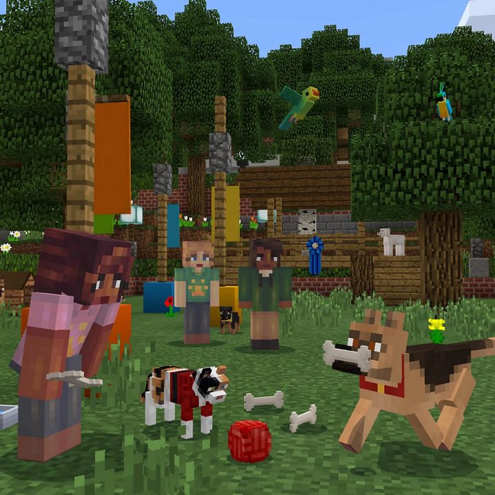 A backyard made in Minecraft, full of people playing with dogs.