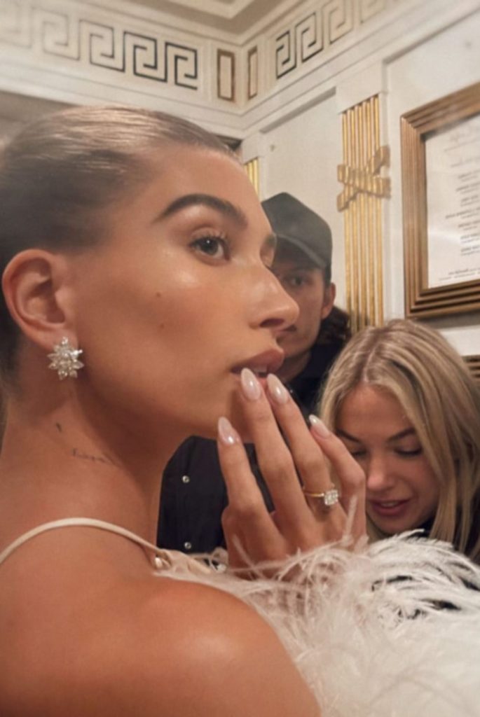 Hailey Bieber at the Met with her viral glazed doughnut manicure