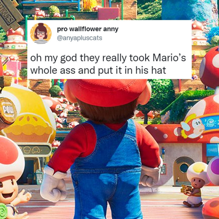 A closeup of Mario's butt in the Mario movie poster with a tweet from @anyapluscats that reads: 