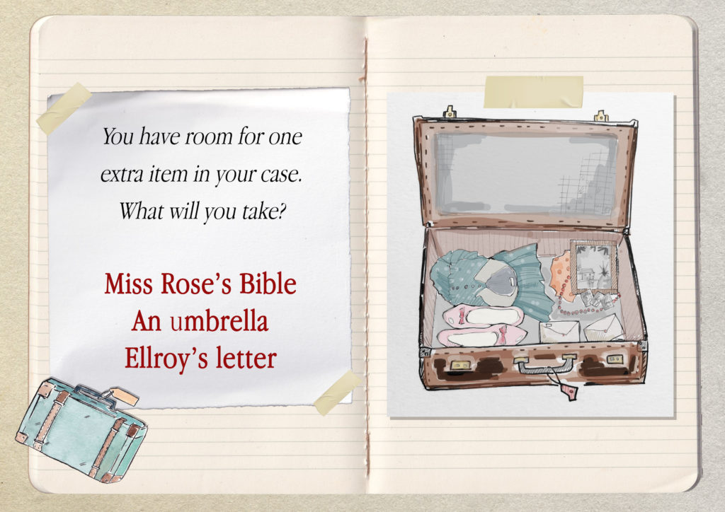 A screenshot of Windrush Tales. It reads: "You have room for one extra item in your case. What will you take? Miss Rose's Bible. An umbrella. Ellroy's letter." There's a picture of a suitcase next to the text.