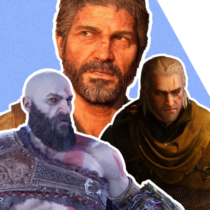 Kratos from God of War: Ragnarok, Joel from The Last of Us Part 1 and Geralt from The Witcher 3: Wild Hunt.