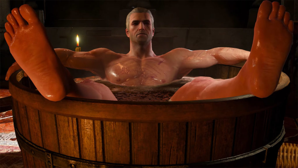 Geralt in the bathtub in The Witcher 3.
