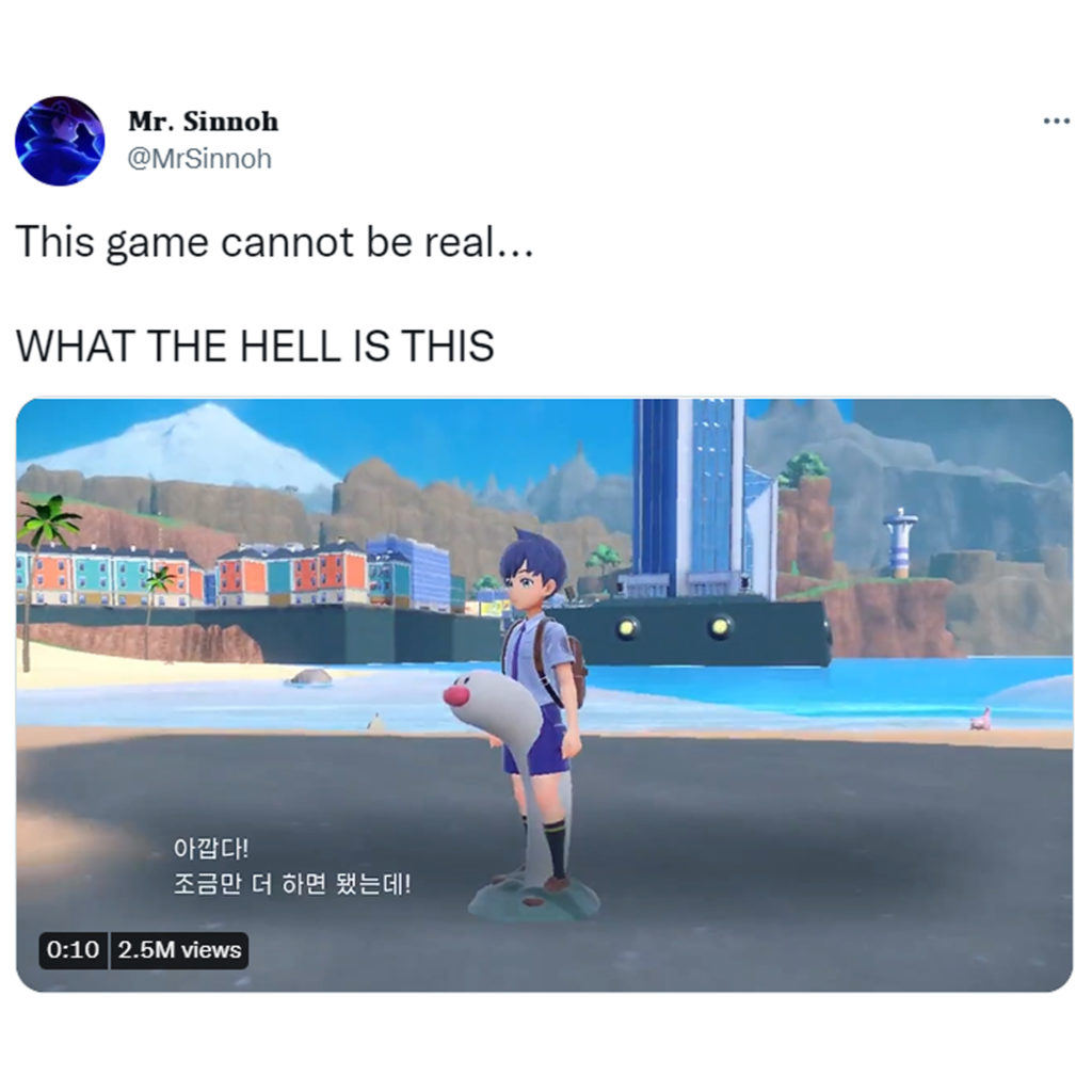 A tweet by @MrSinnoh of a Pokemon Scarlet and Violet glitch. The tweet reads: "This game cannot be real... WHAT THE HELL IS THIS" and the image shows the player character standing on the spot during a dual; a Wiglett is thrown into battle and bursts out of the Pokeball at the character's feet. The placement makes it look unfortunately like a penis.