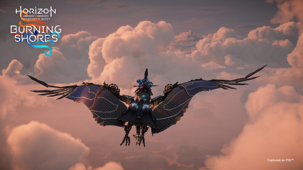 Aloy riding a machine above the clouds in Horizon Forbidden West: Burning Shores.