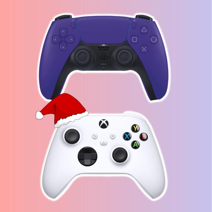 Galactic Purple PS5 DualSense controller above a Robot White Xbox wireless controller. The Xbox controller has a Santa hat sitting on the left corner.