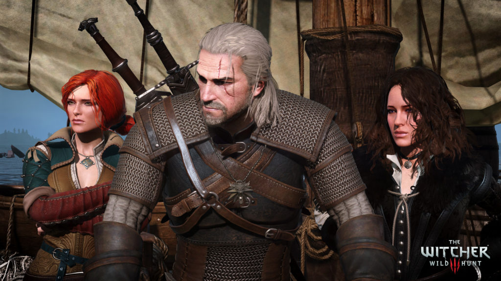 Triss, Geralt and Yennefer on a boat in The Witcher 3.