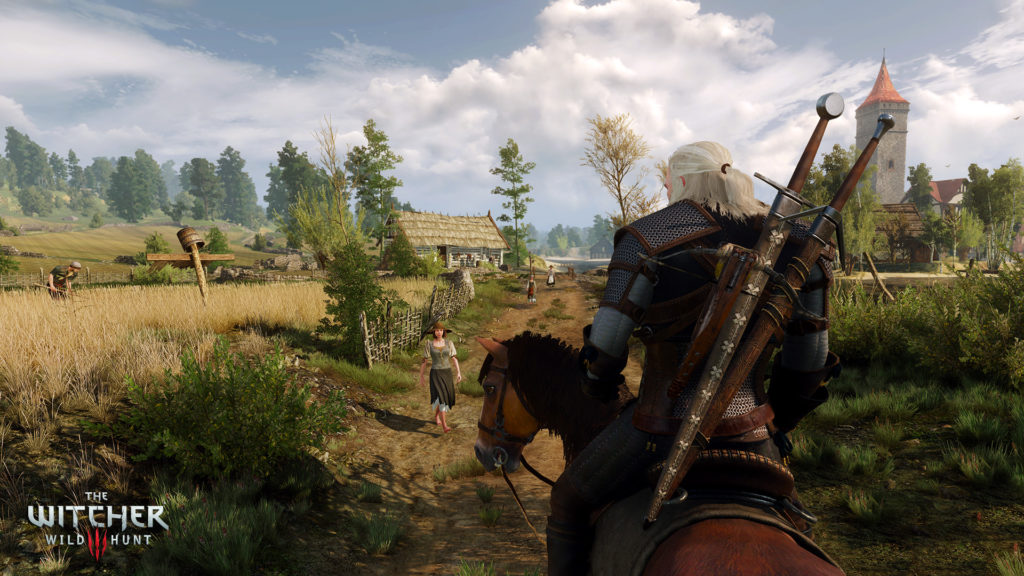 Geralt riding Roach through White Orchard in The Witcher 3.