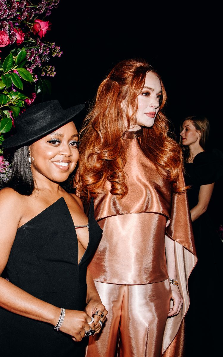 Julia Stiles, Quinta Brunson, and Lindsay Lohan in the front row at Christian Siriano RTW Fall 2023 photographed at Gotham Hall on February 9, 2023 in New York, New York