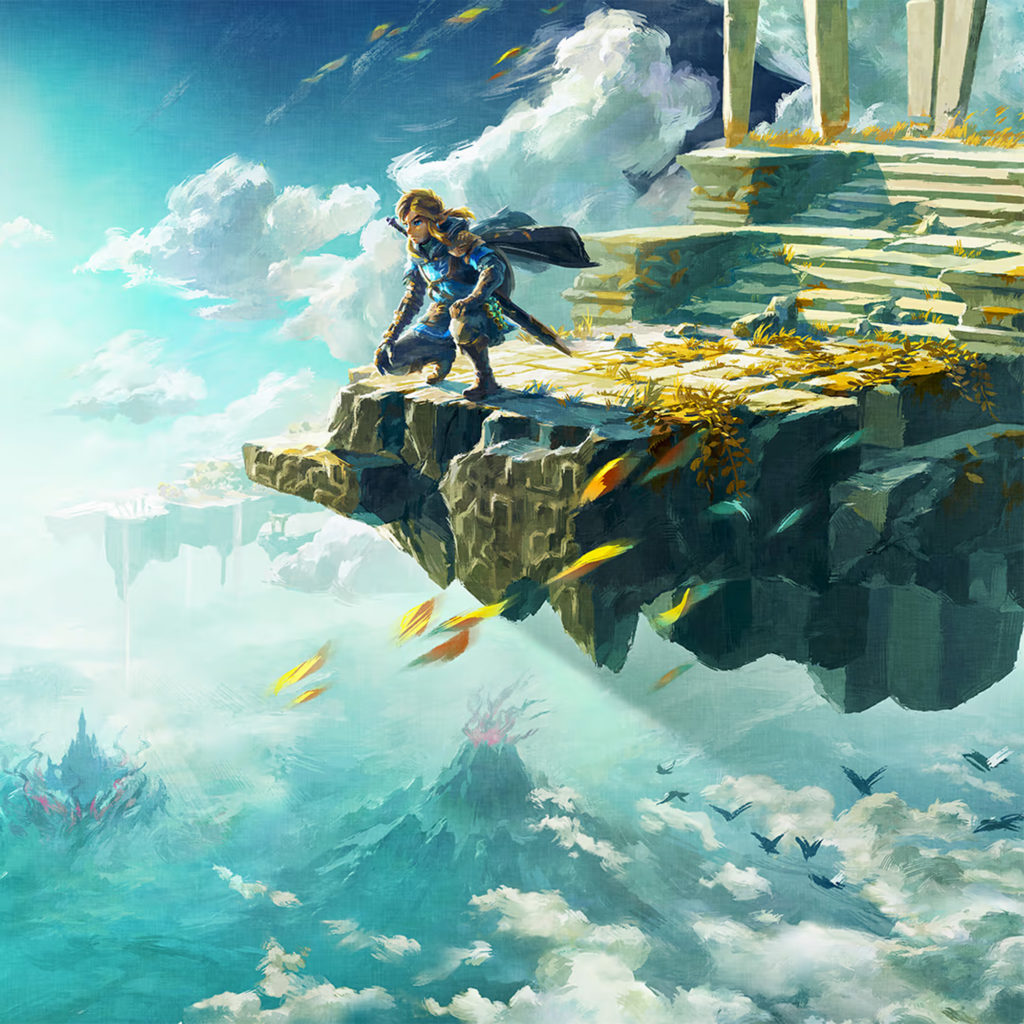 Link kneeling on the edge of a floating cliff in The Legend of Zelda: Tears of the Kingdom.