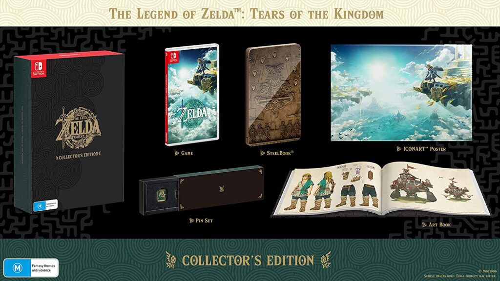 Items in The Legend of Zelda: Tears of the Kingdom collector's edition, including a SteelBook, ICONART poster, pin set and art book.