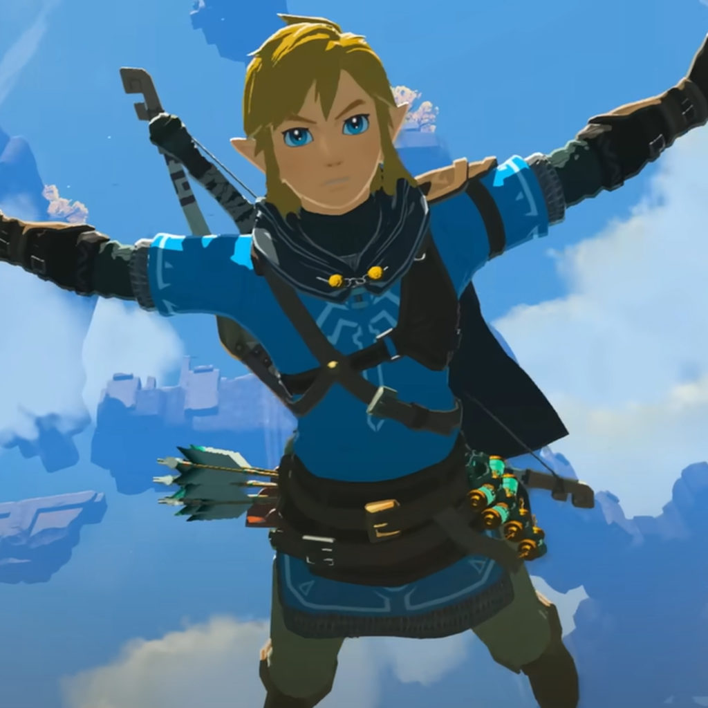 Link falling jumping towards the camera from a floating island in Tears of the Kingdom.