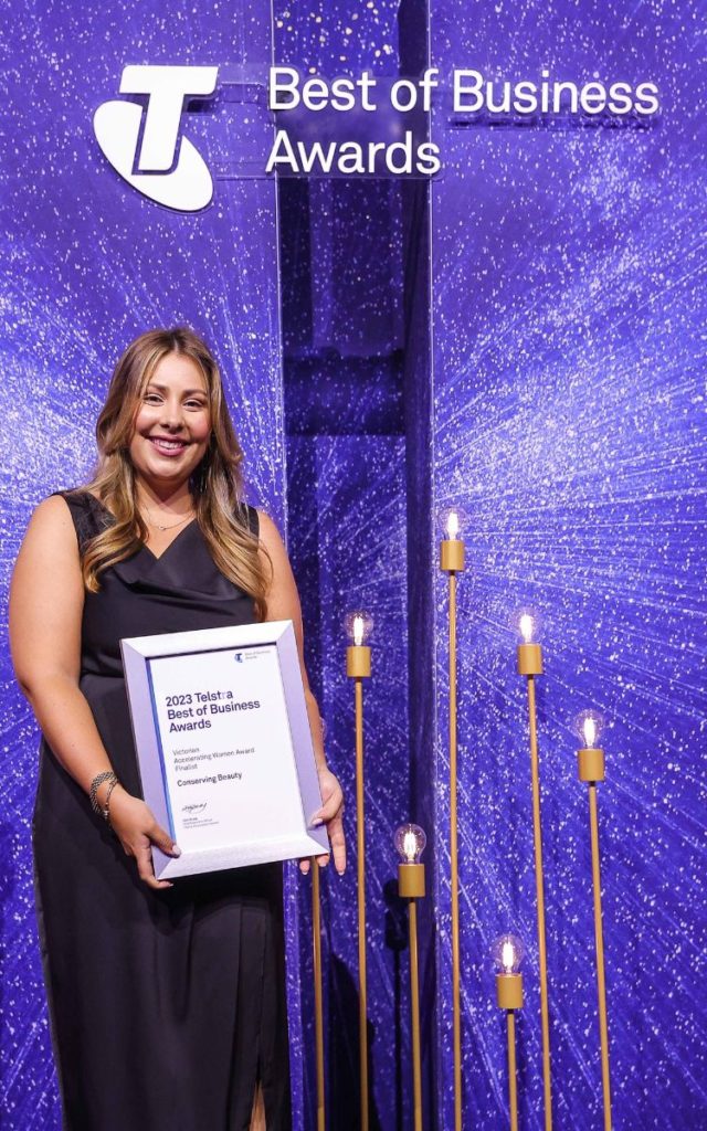 Conserving Beauty founder and CEO Natassia Nicolao winning 2023 Telstra Best of Business Awards 