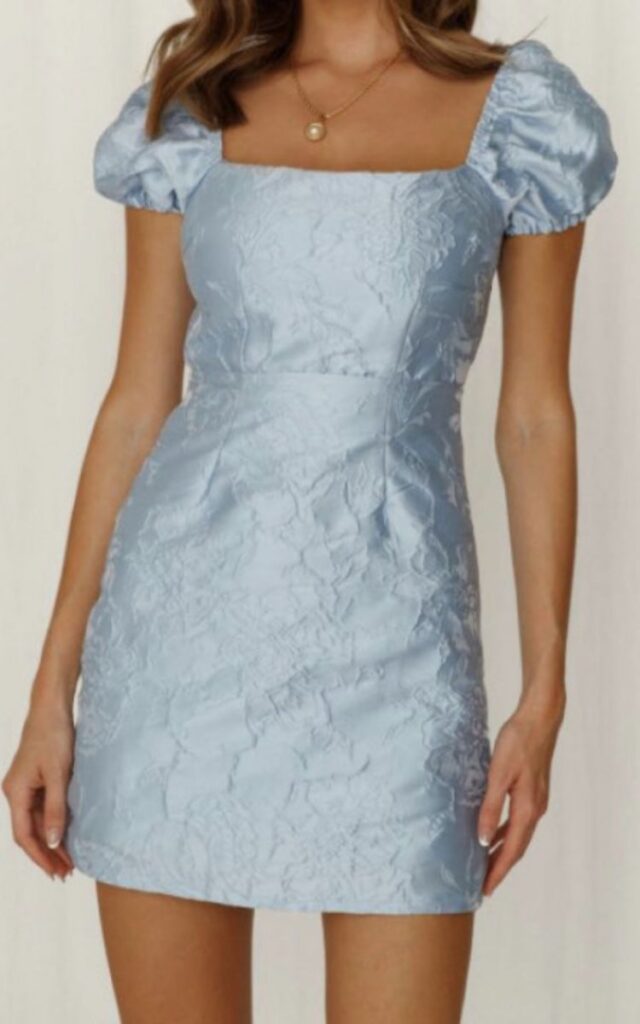 Dress for Dignity Hello Molly After Hours Dress: Puff sleeved powder blue mini dress perfect for day or night. 