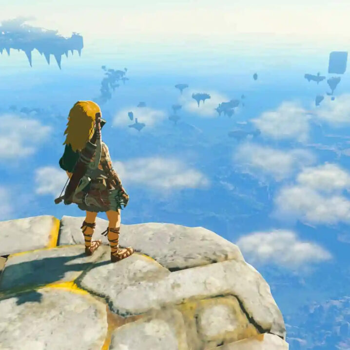Link standing on the edge of a floating island in 