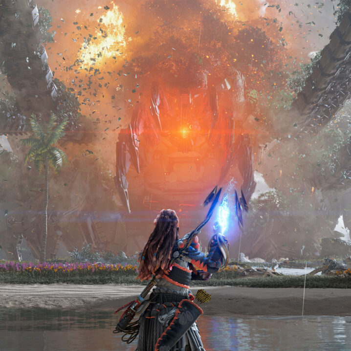 Aloy facing a huge machine in the Burning Shores expansion for Horizon Forbidden West.