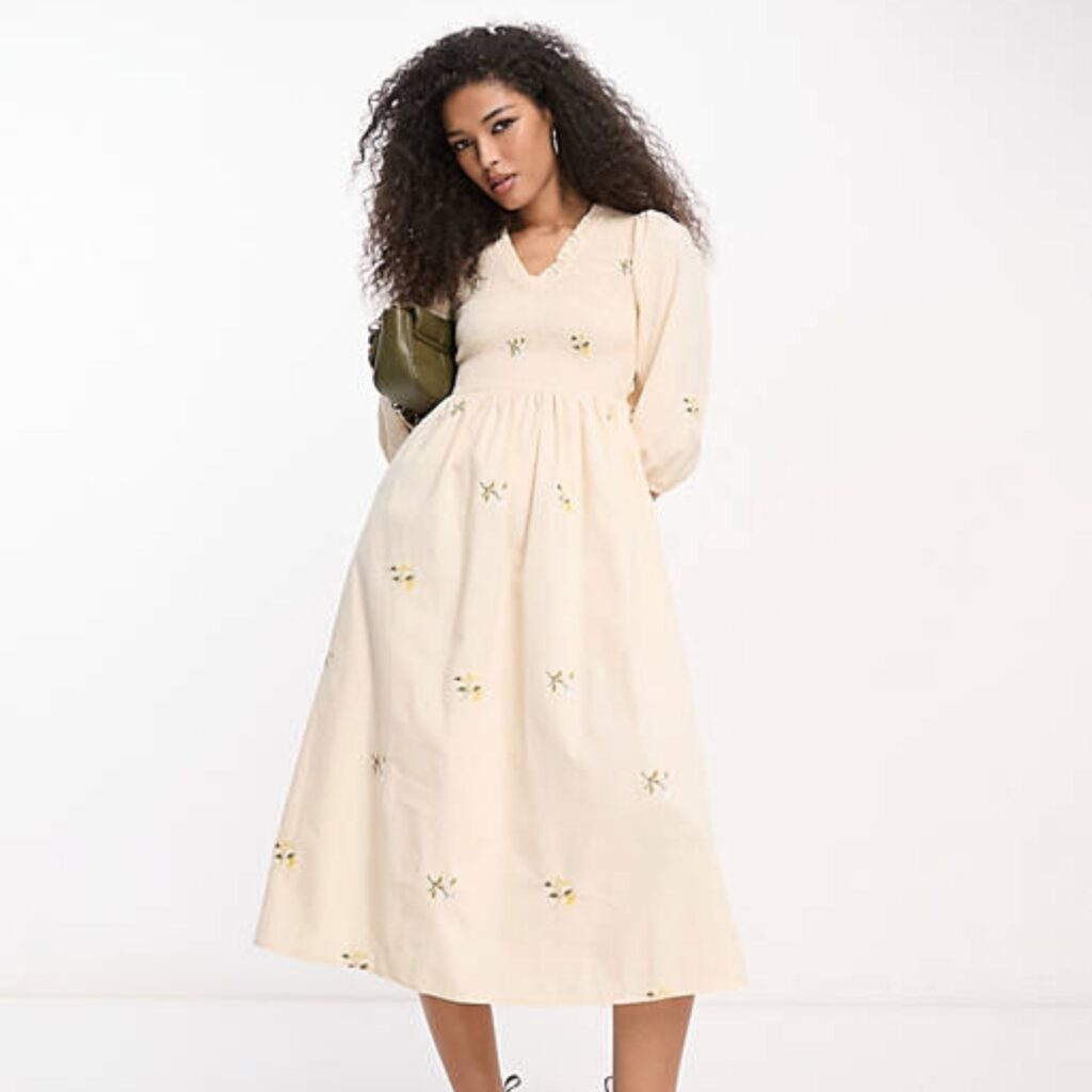 Y.A.S shirred bodice smock midi dress with floral embroidery in cream, Tomato Girl Aesthetic