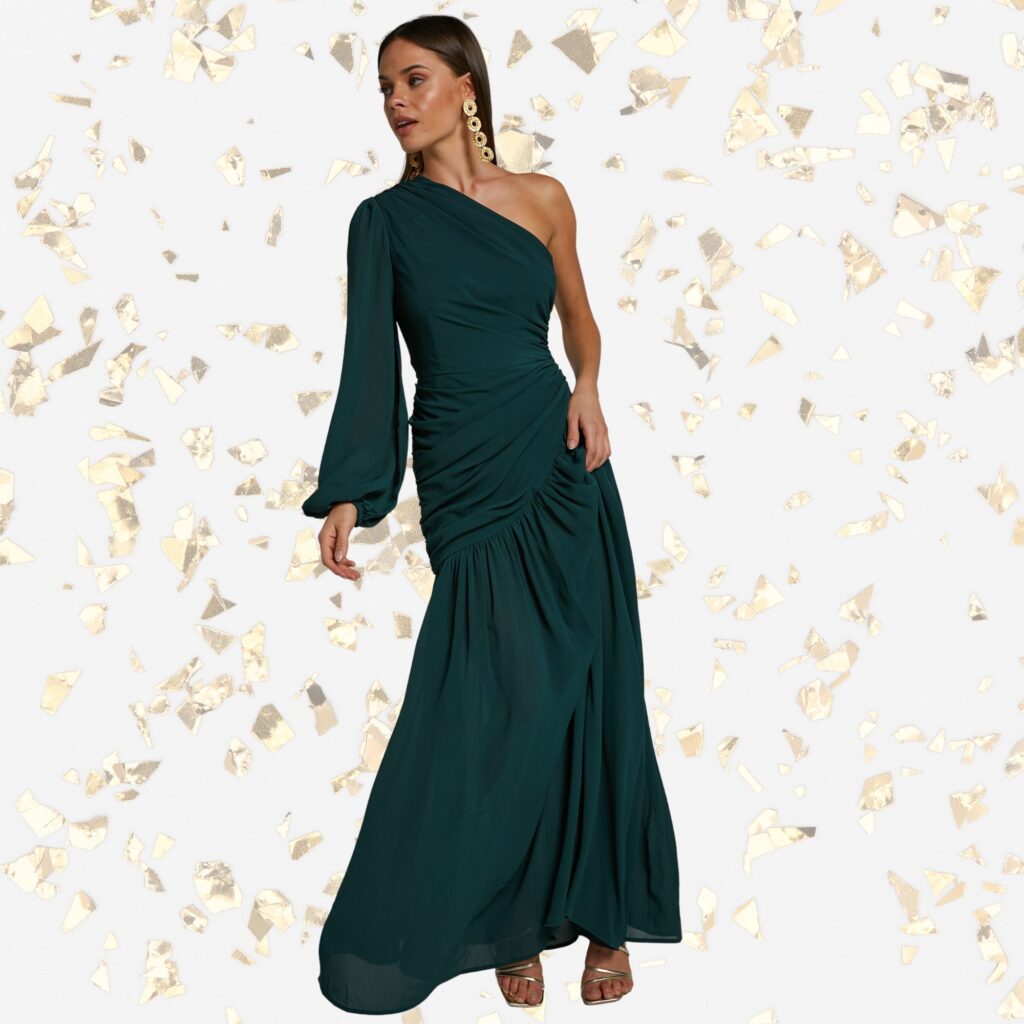 Grittah Midi Dress - One Shoulder Bishop Sleeve High Split Ruched Dress in  Emerald
