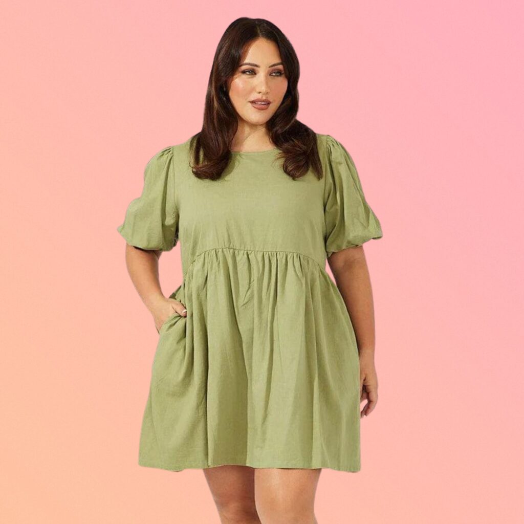 Green Puff Sleeve Shift Minidress with Pockets - plus size fashion