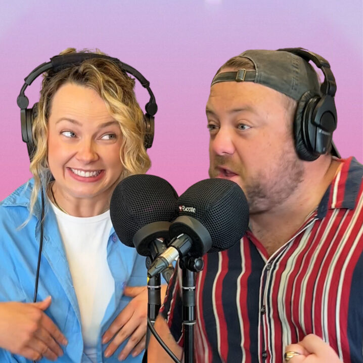 Cut-outs of Jackson Langford and Starr — hosts of POPSUGAR Rush podcast