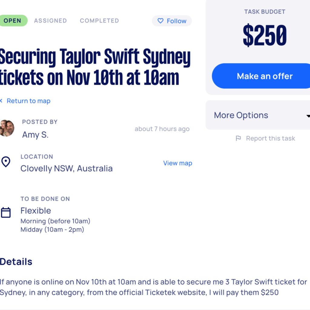 taylor swift australian tour airtasker