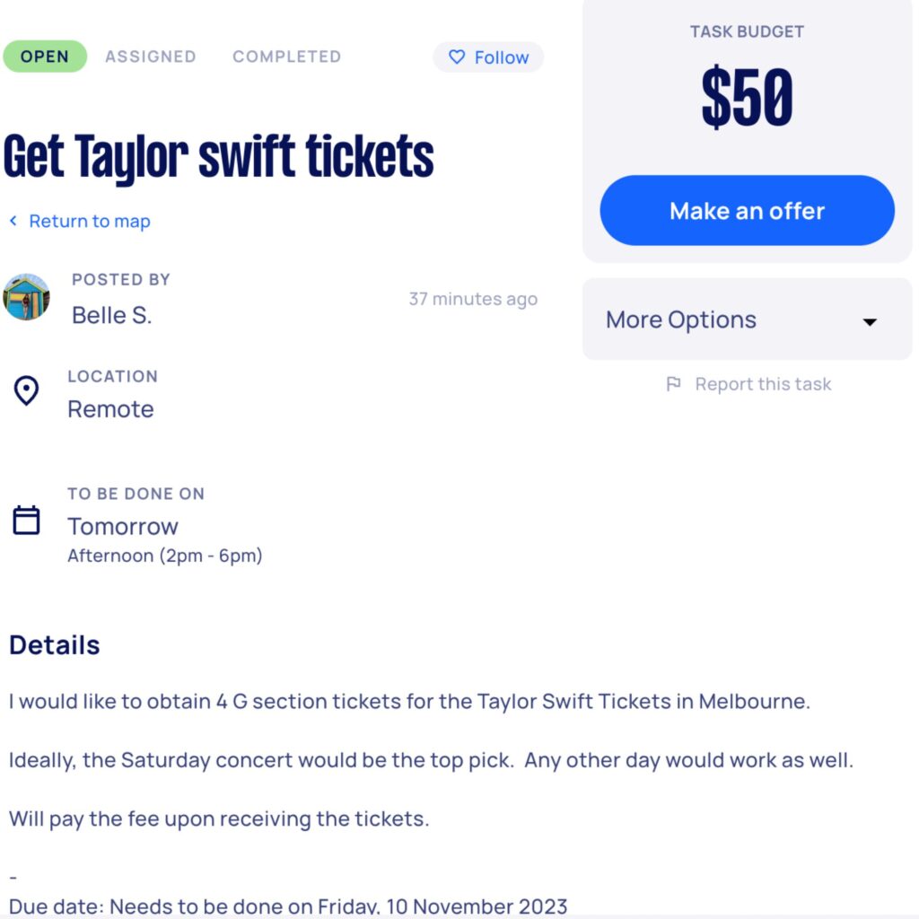 taylor swift australian tour airtasker